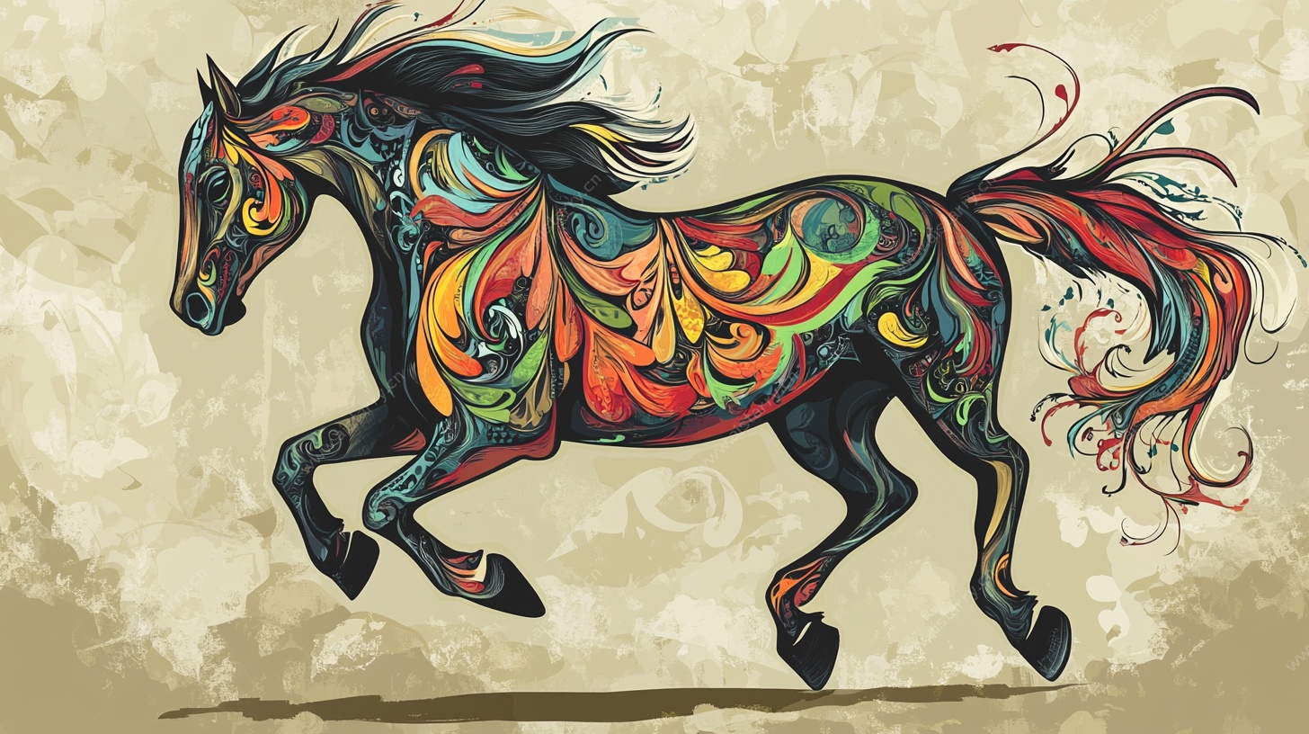 奔腾彩纹骏马图