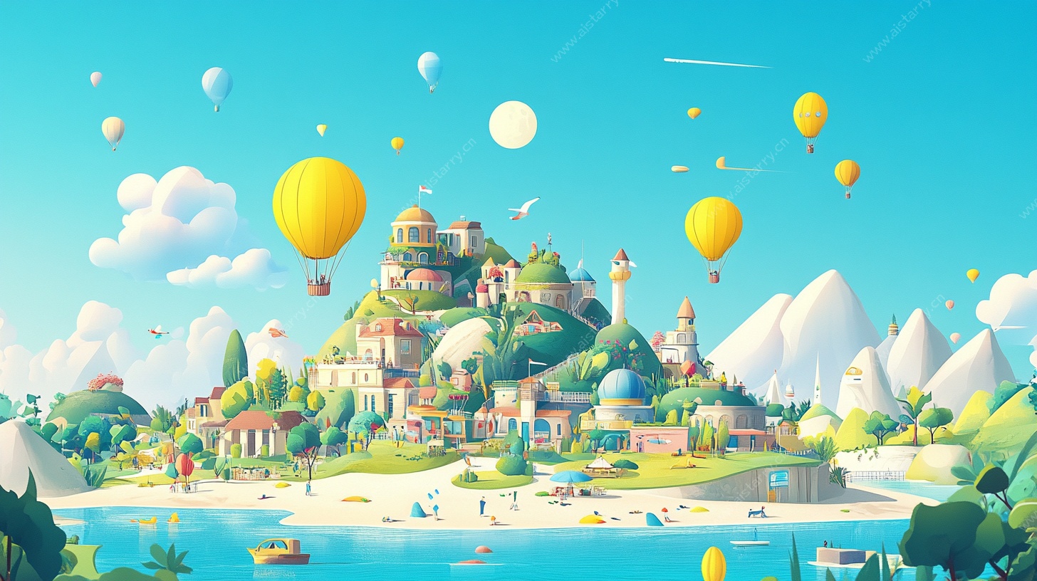 梦幻岛屿热气球风景图