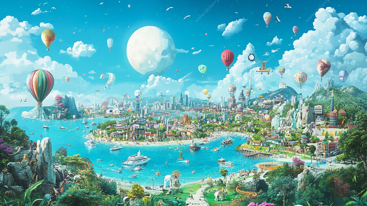 梦幻空中城市与热气球景观