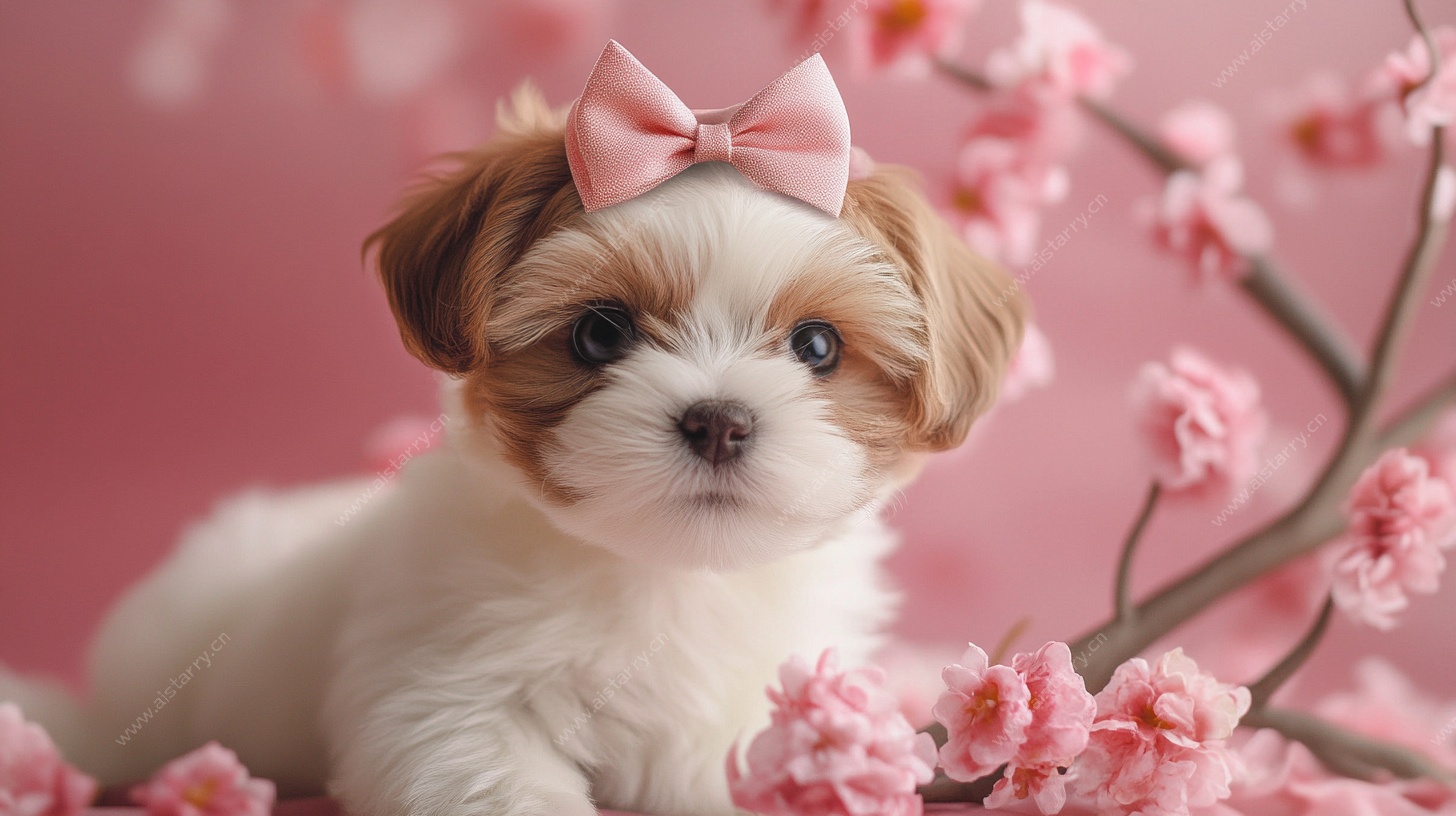 萌宠小狗伴粉色繁花