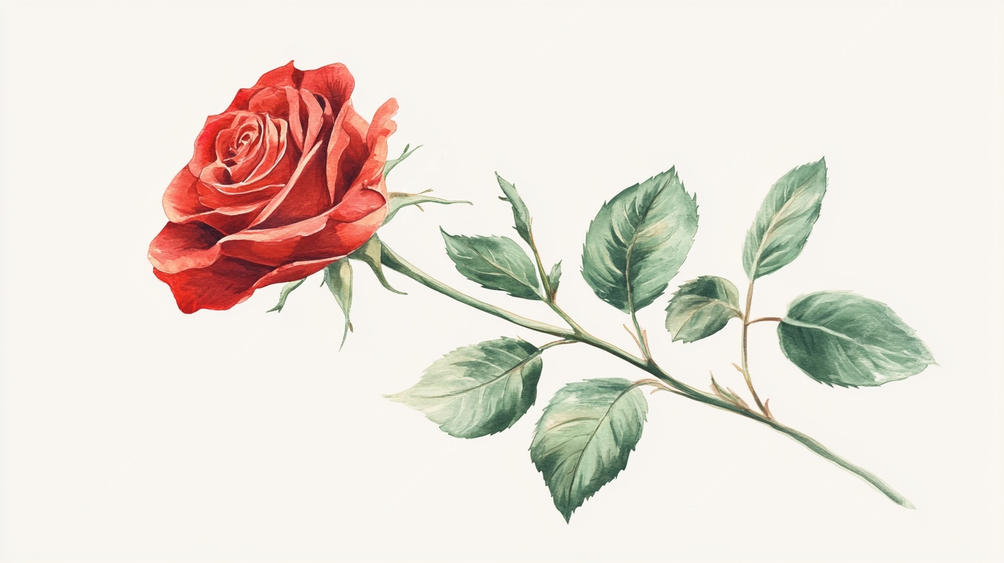 单枝红玫瑰水彩画
