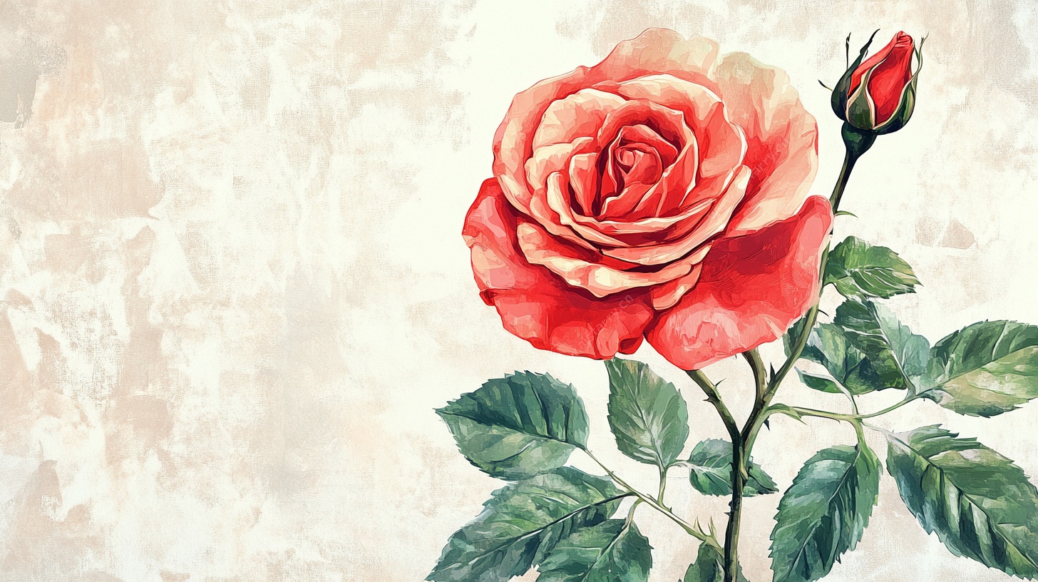 手绘红玫瑰与花苞图