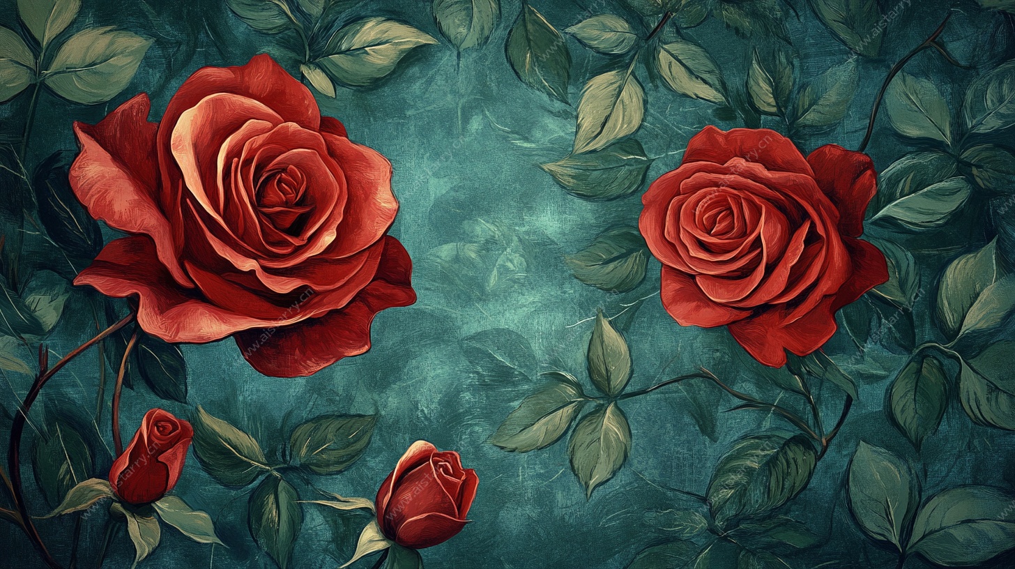 复古红玫瑰与绿叶插画