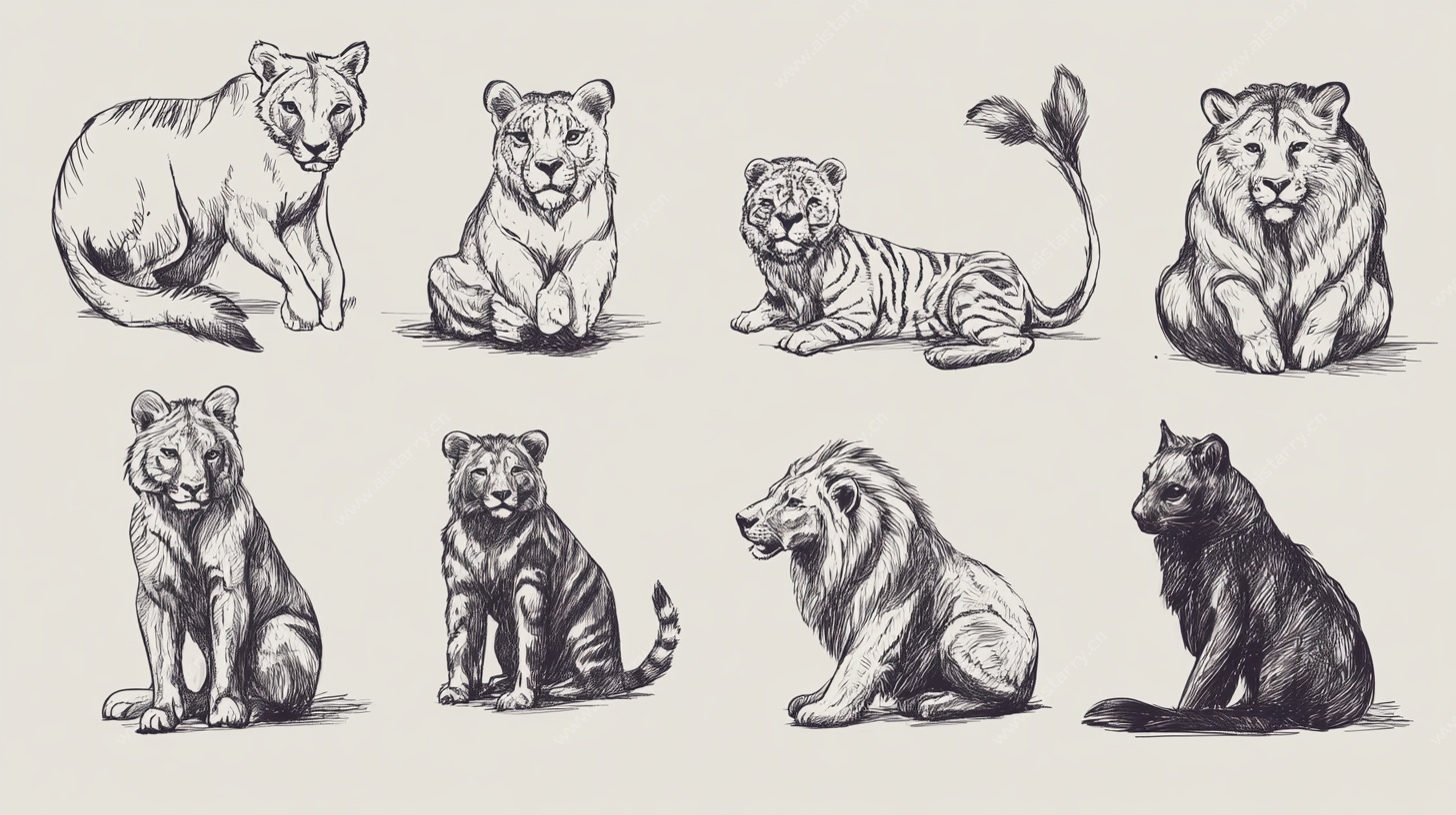 手绘虎豹动物姿态集合