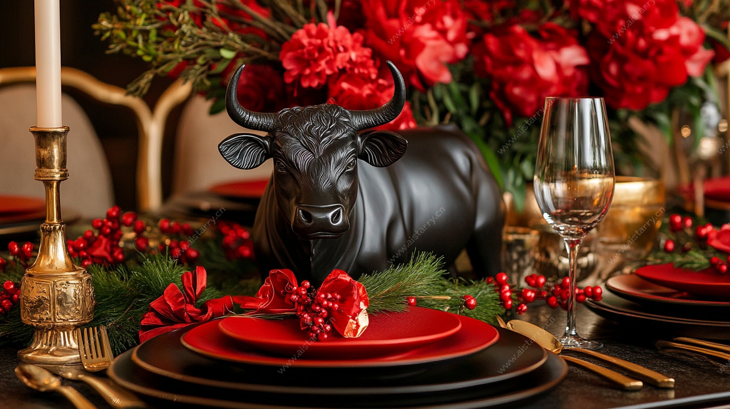 牛形摆件装点精致餐桌