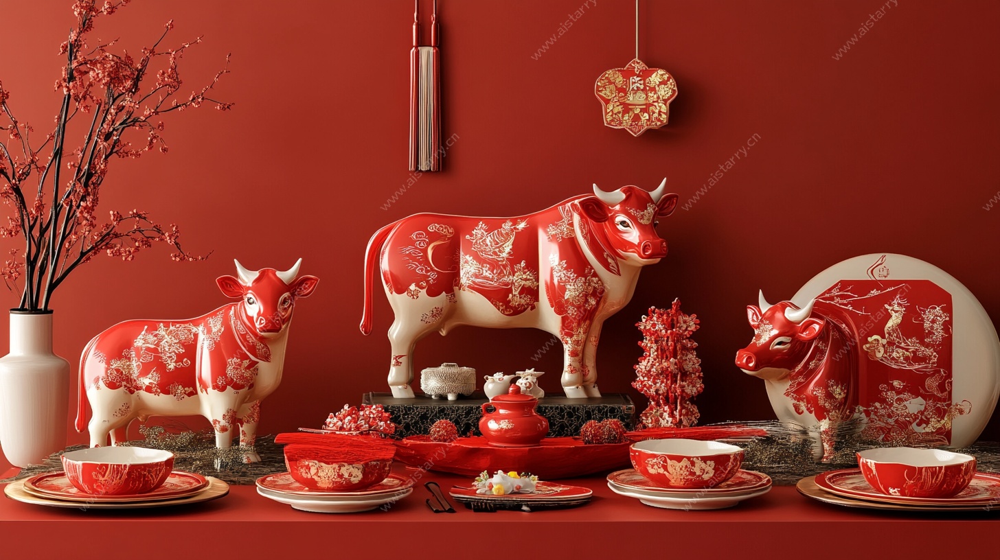 中式牛主题摆件红色场景