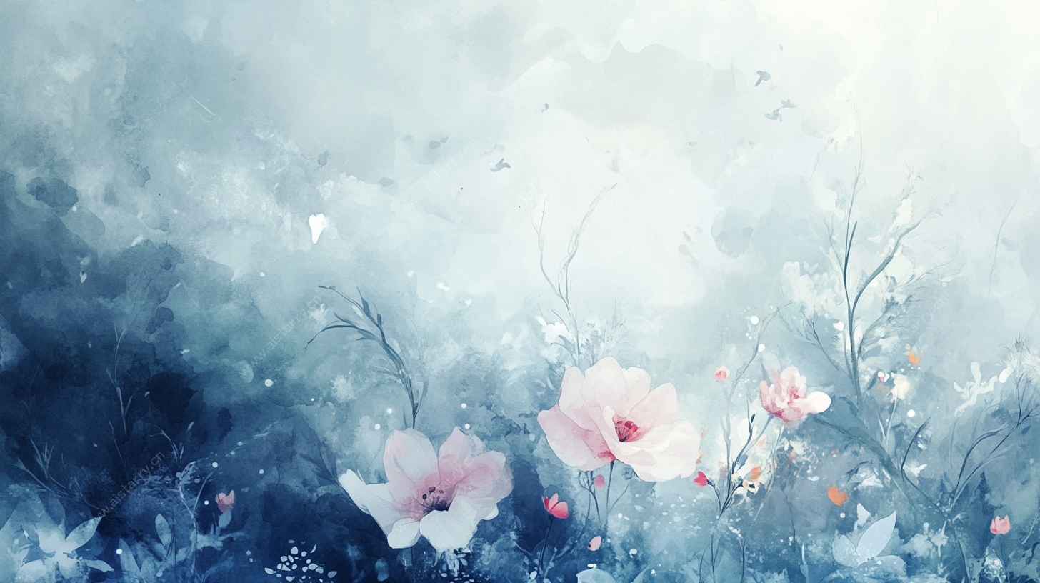 梦幻蓝调花卉水彩画