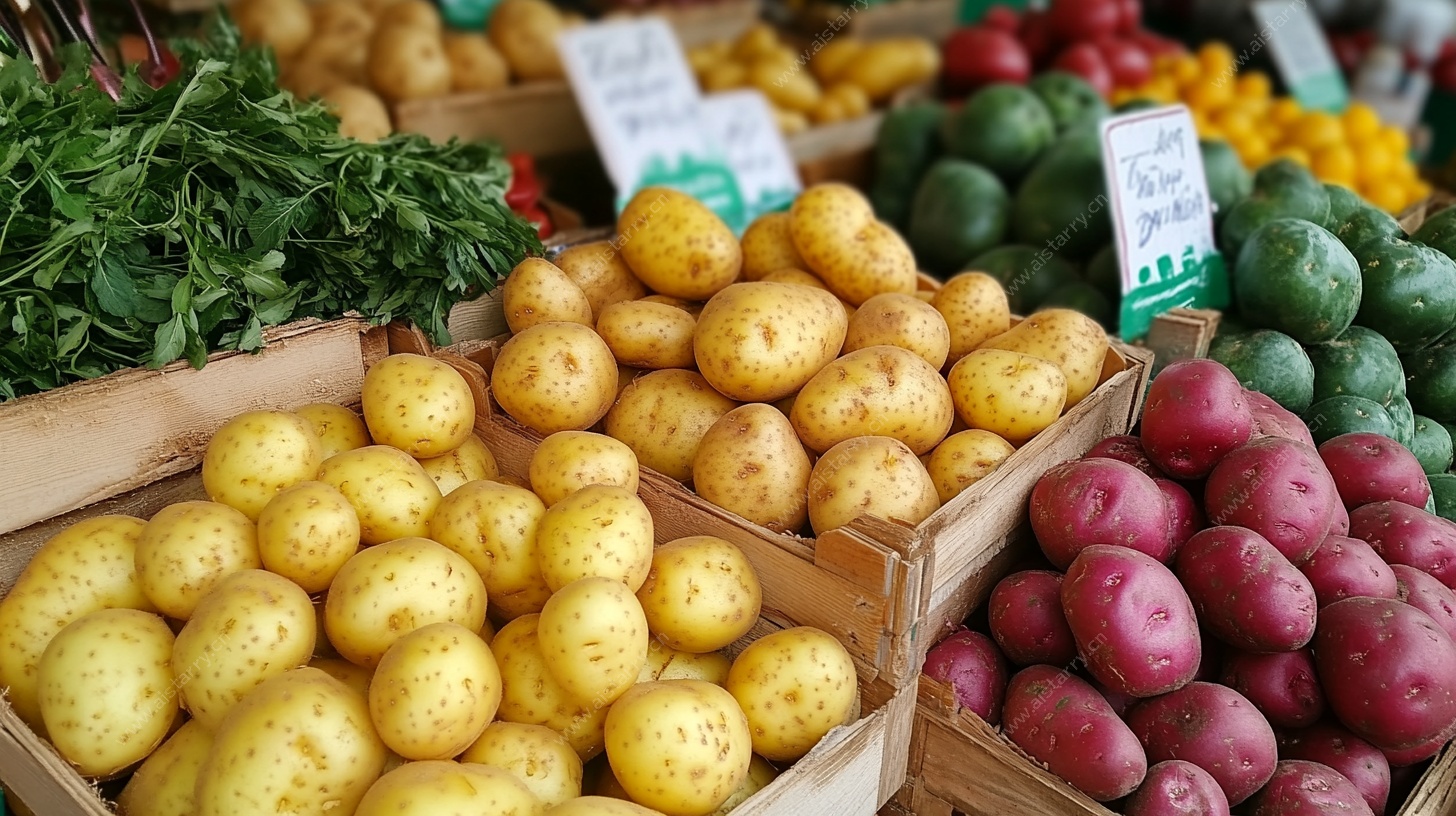 新鲜多彩土豆摊位特写