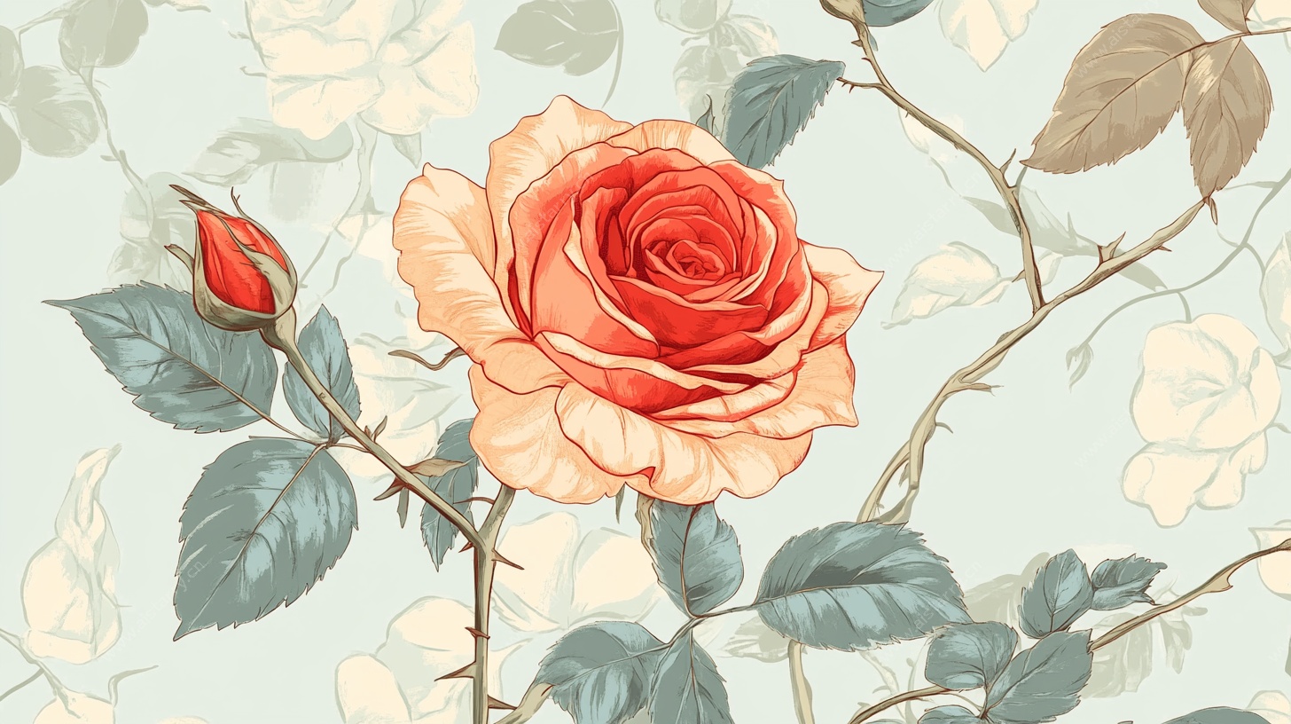 复古风单枝玫瑰花卉图