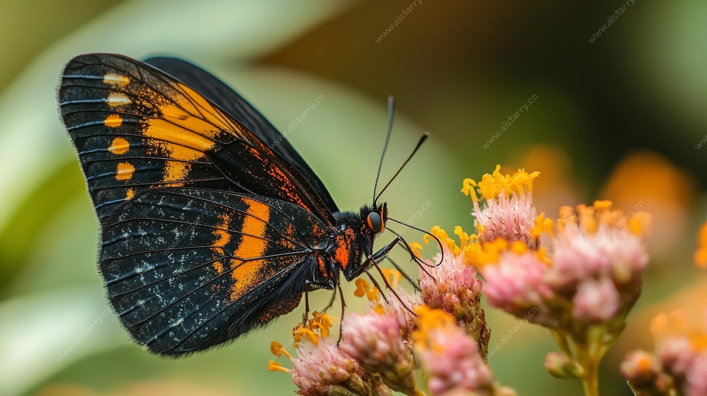 黑橙蝴蝶停驻粉花