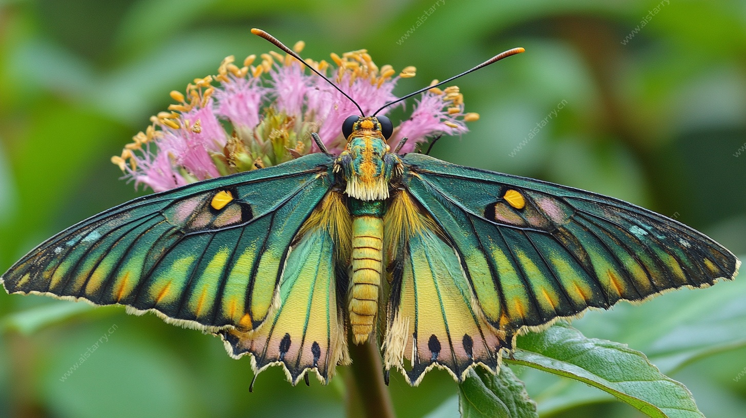 彩翼蝴蝶停驻粉色花朵