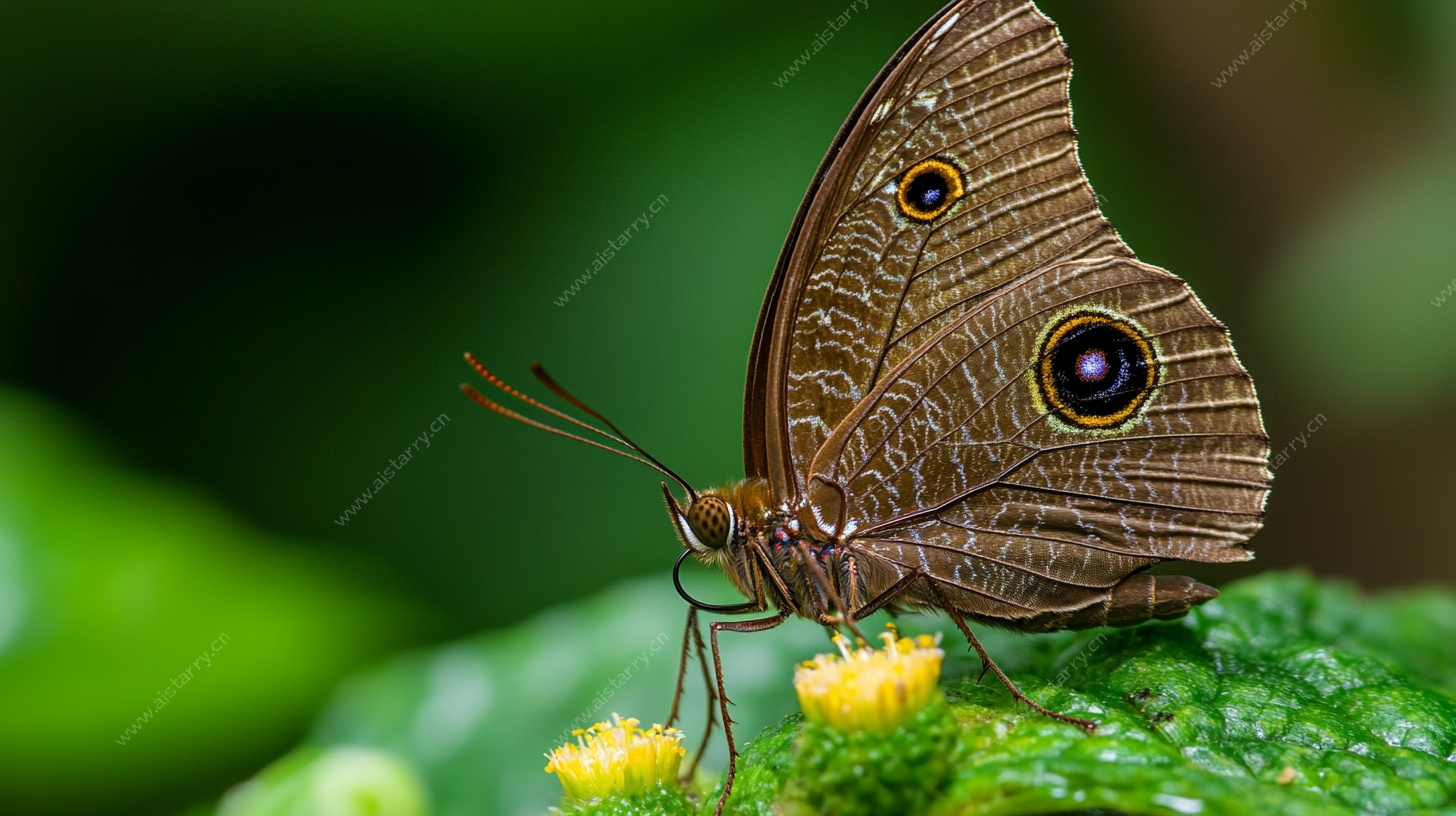 栖息绿叶上的褐眼蝶