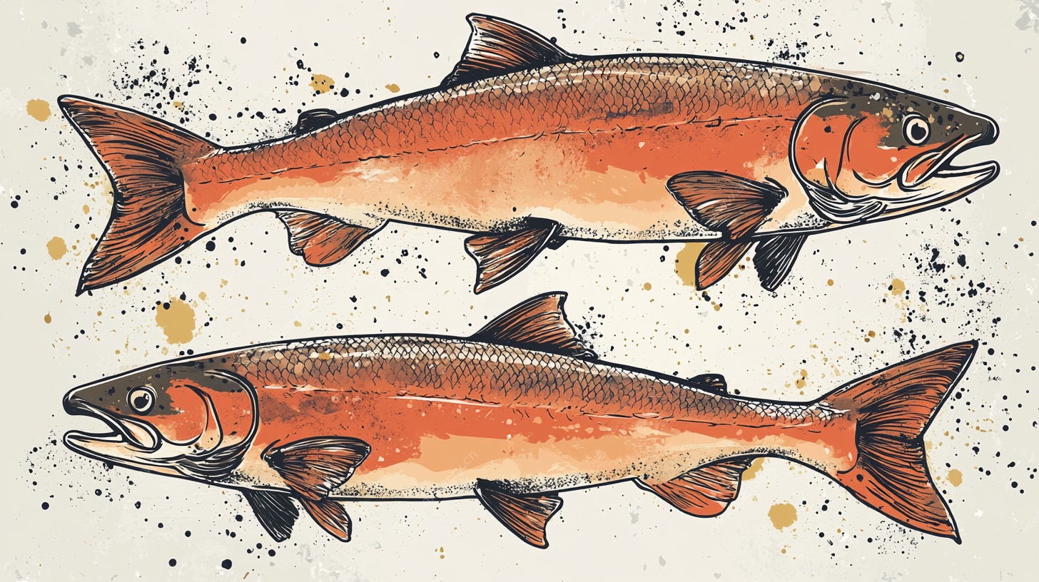 手绘双鲑鱼艺术插画