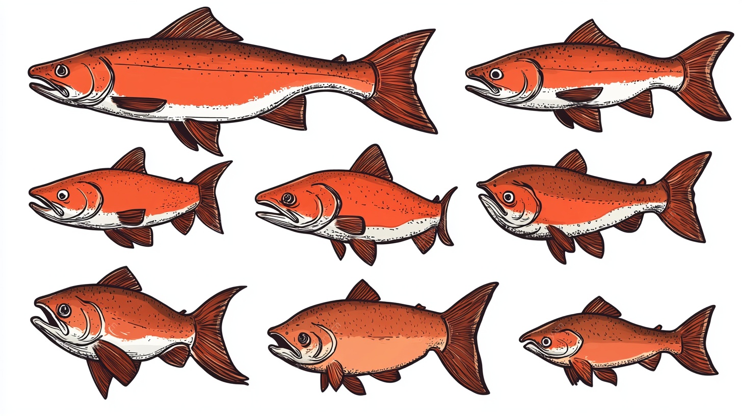 一组卡通风格的红鲑鱼插画