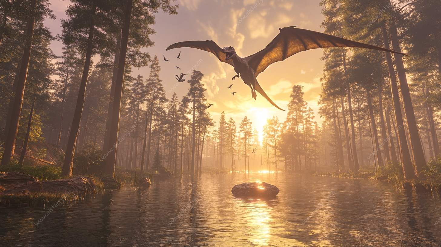 黄昏湖畔翼龙飞翔图景