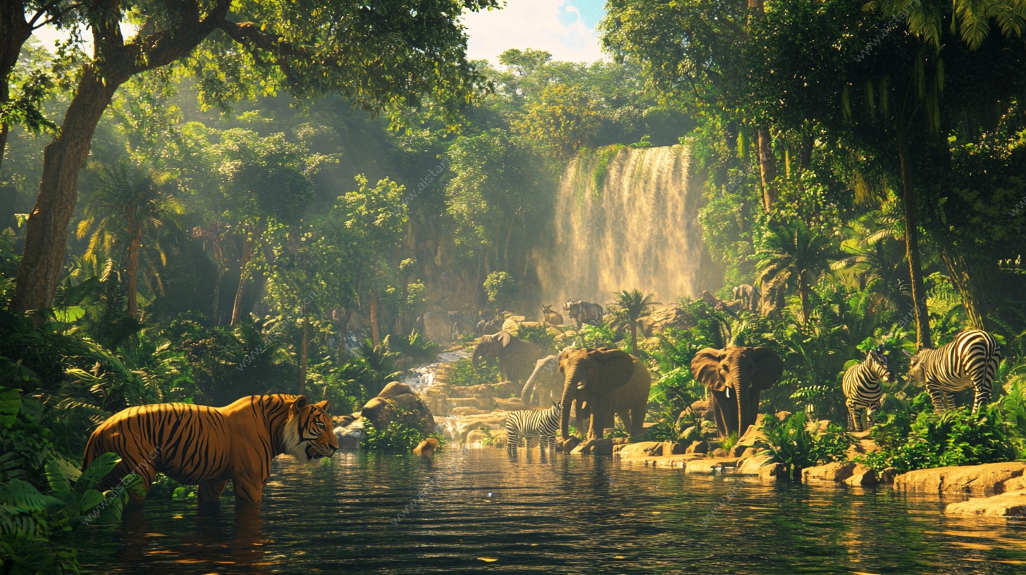 丛林动物共赏瀑布美景