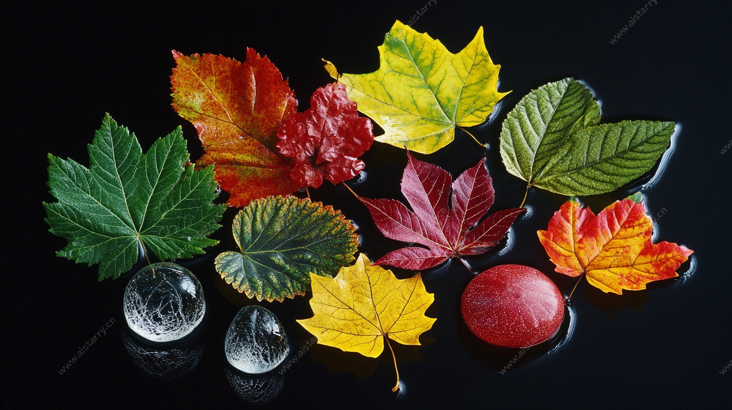 多彩秋叶与晶莹球果静物图