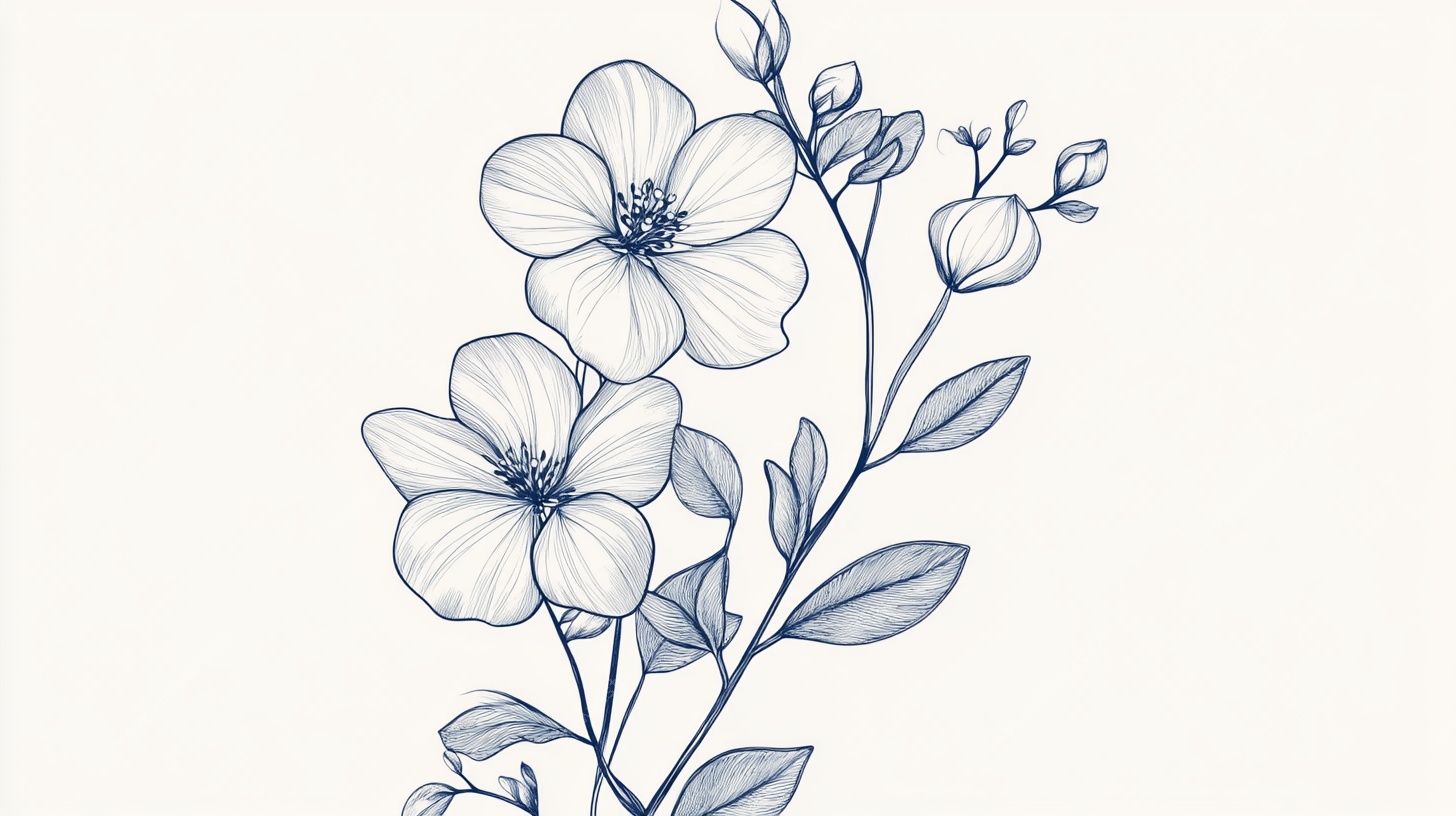 蓝线绘花卉插画