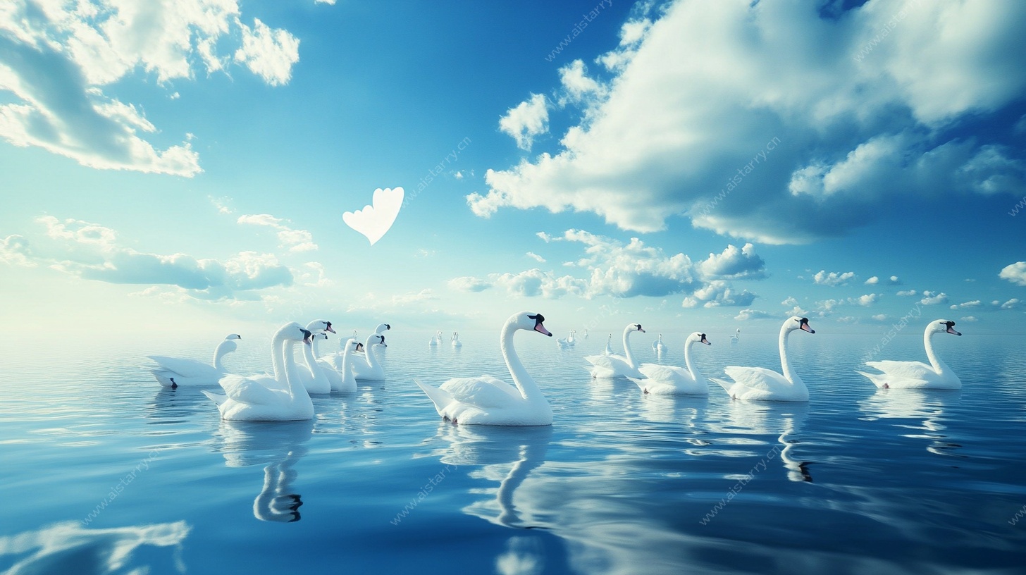 天鹅游弋于蓝天碧水间