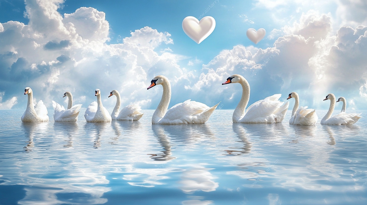 天鹅群游于爱心云朵下湖景