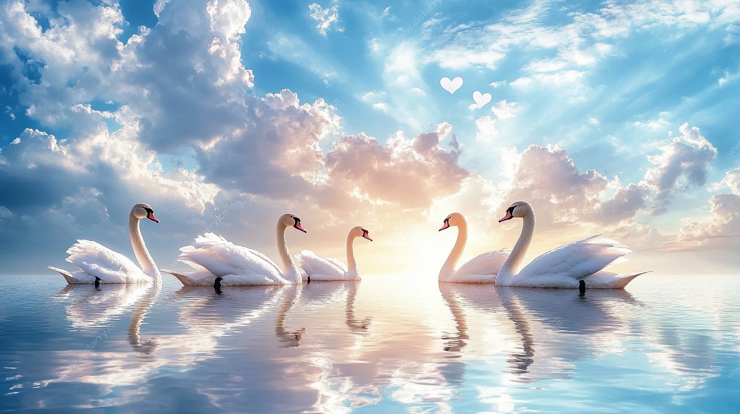 天鹅映日于湖的梦幻景致