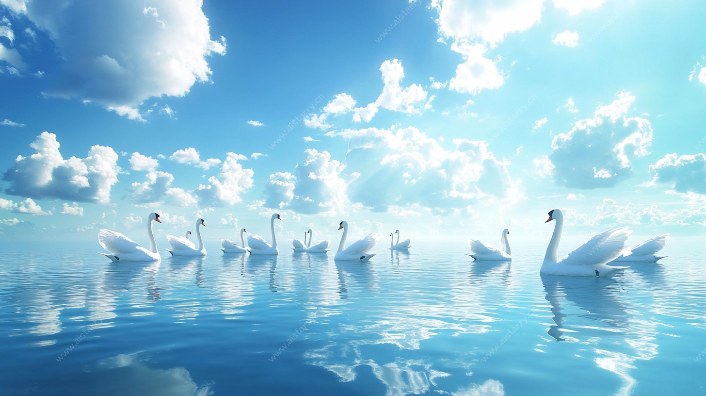 天鹅畅游蓝天碧水间