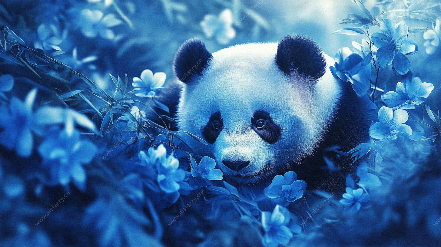 蓝调花丛中的萌态熊猫