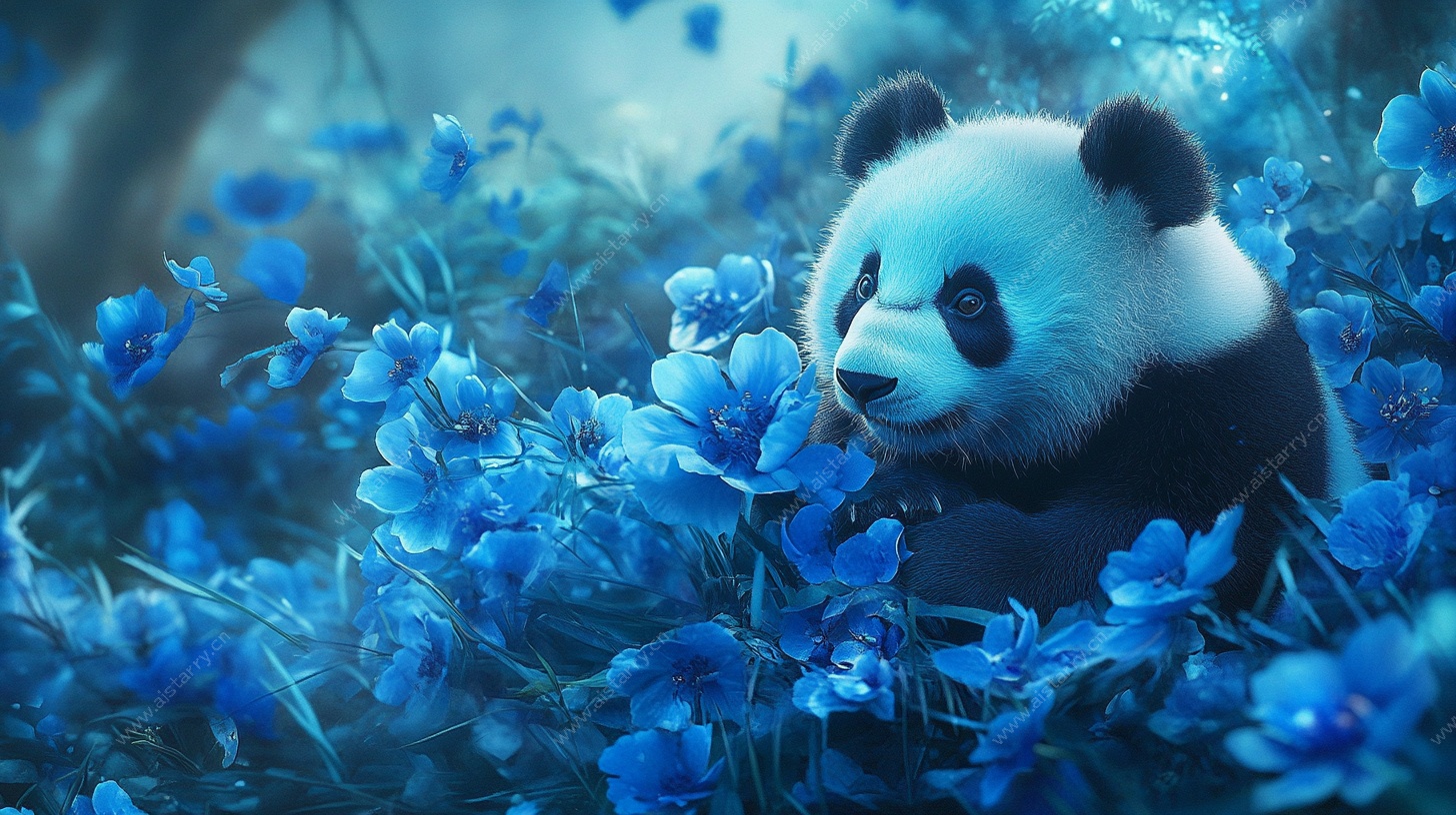 梦幻蓝花中的熊猫萌态