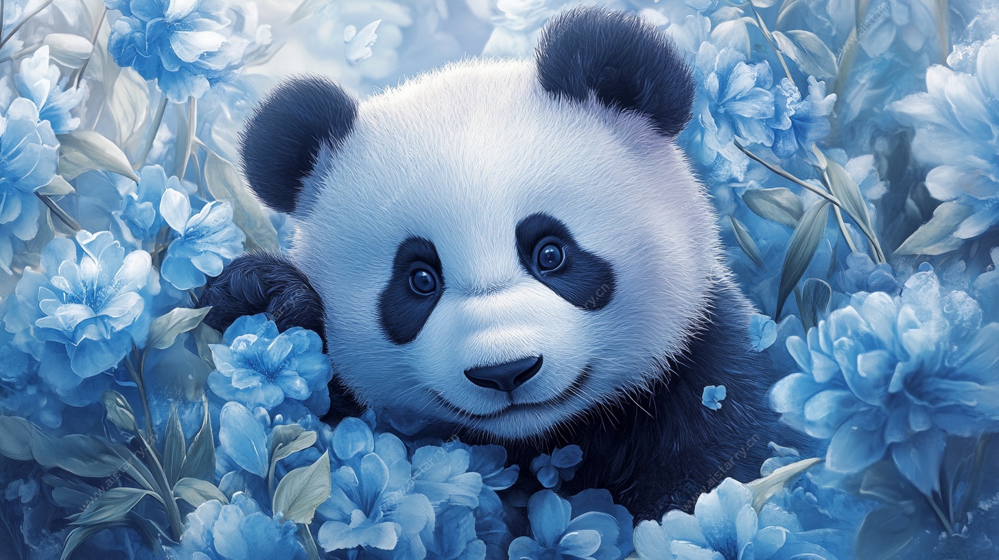 蓝花中的可爱熊猫
