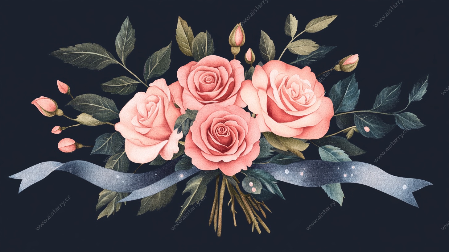 粉色玫瑰丝带装饰插画