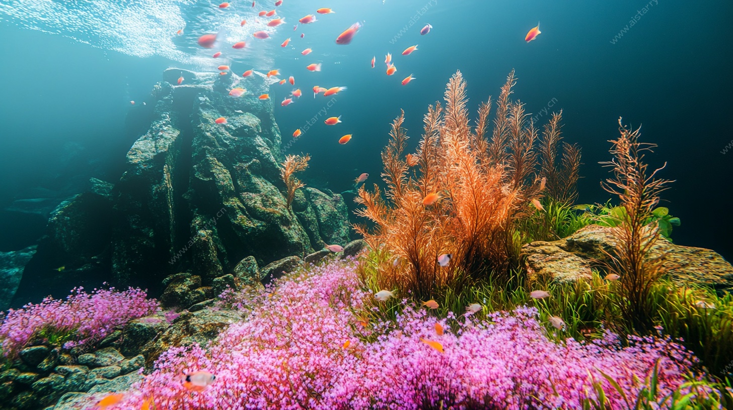 梦幻海底植物与鱼群景观