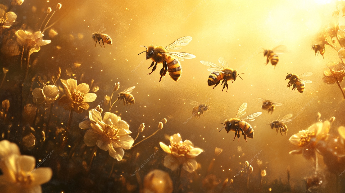 阳光下群蜂飞舞花丛间