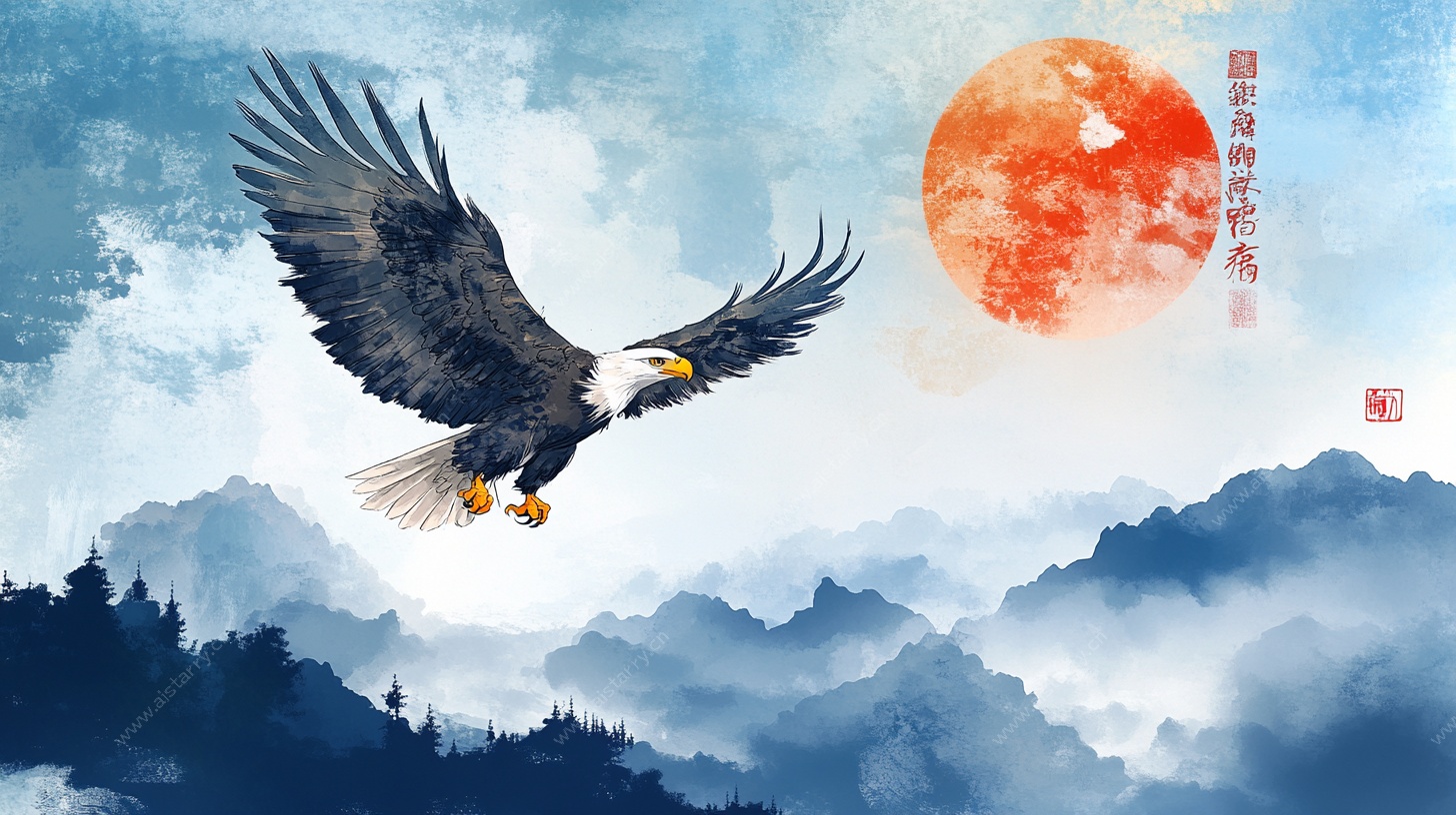 雄鹰翱翔于山川红日下