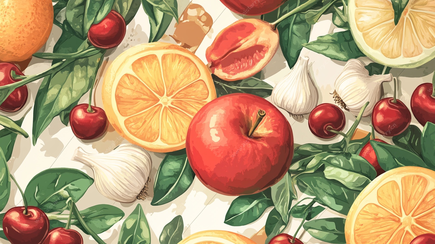 缤纷水果与蒜叶插画图案