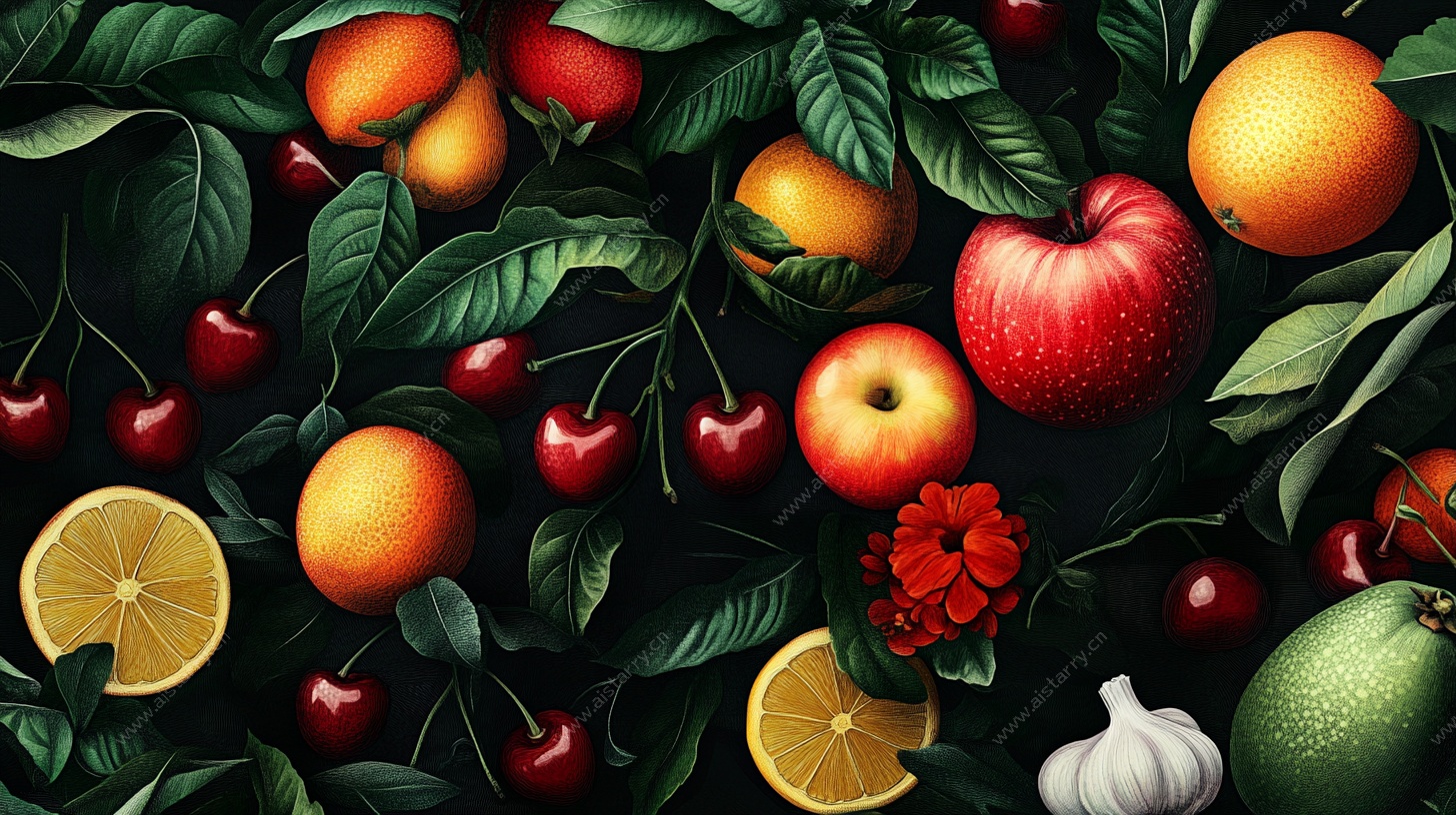 多彩鲜果与绿叶的视觉盛宴