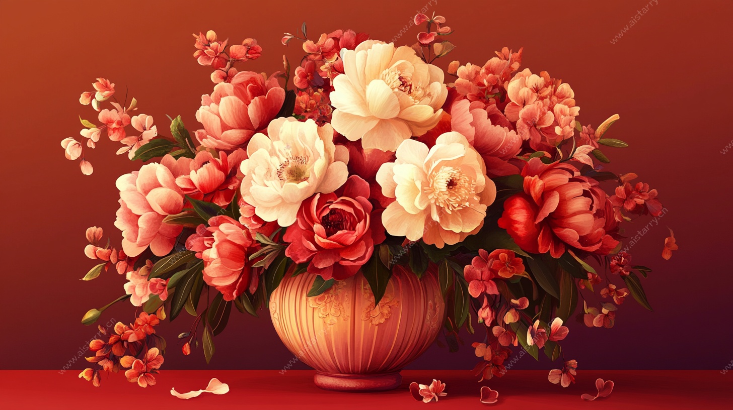 花瓶中的多彩花卉静物画