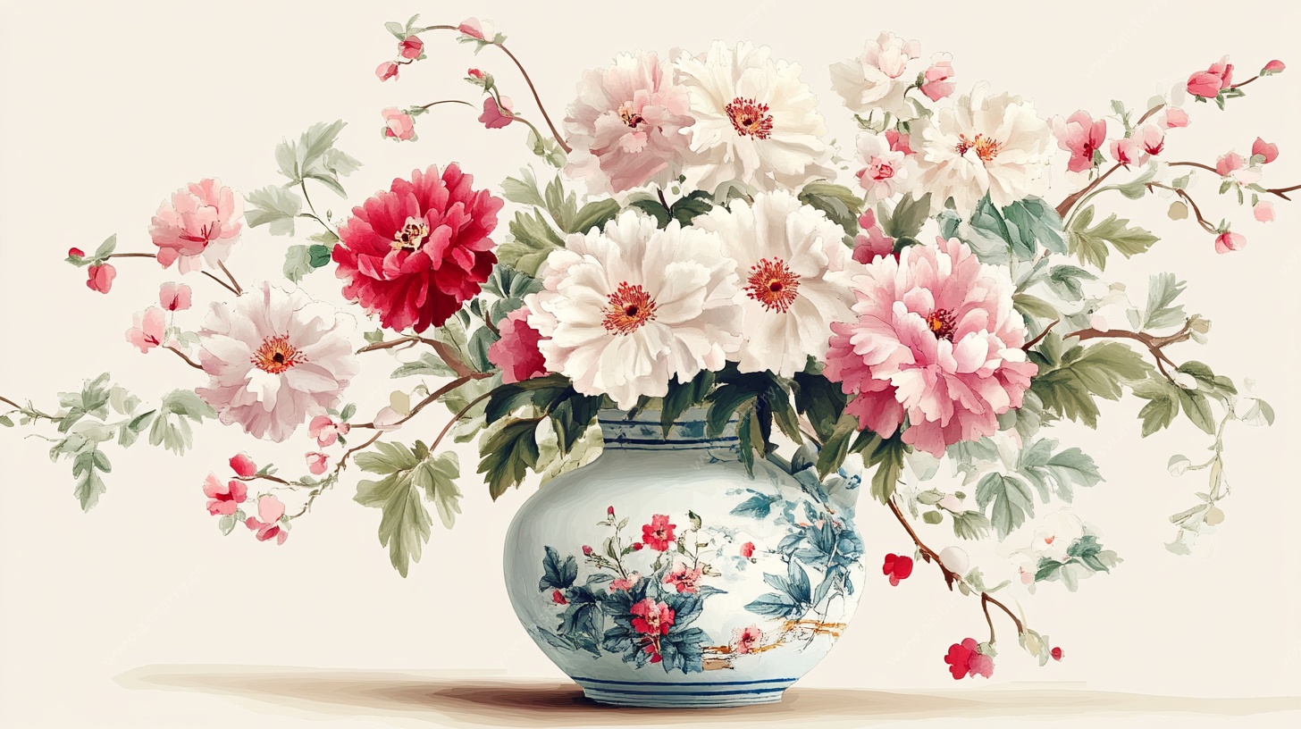 中式花瓶中的多彩花卉