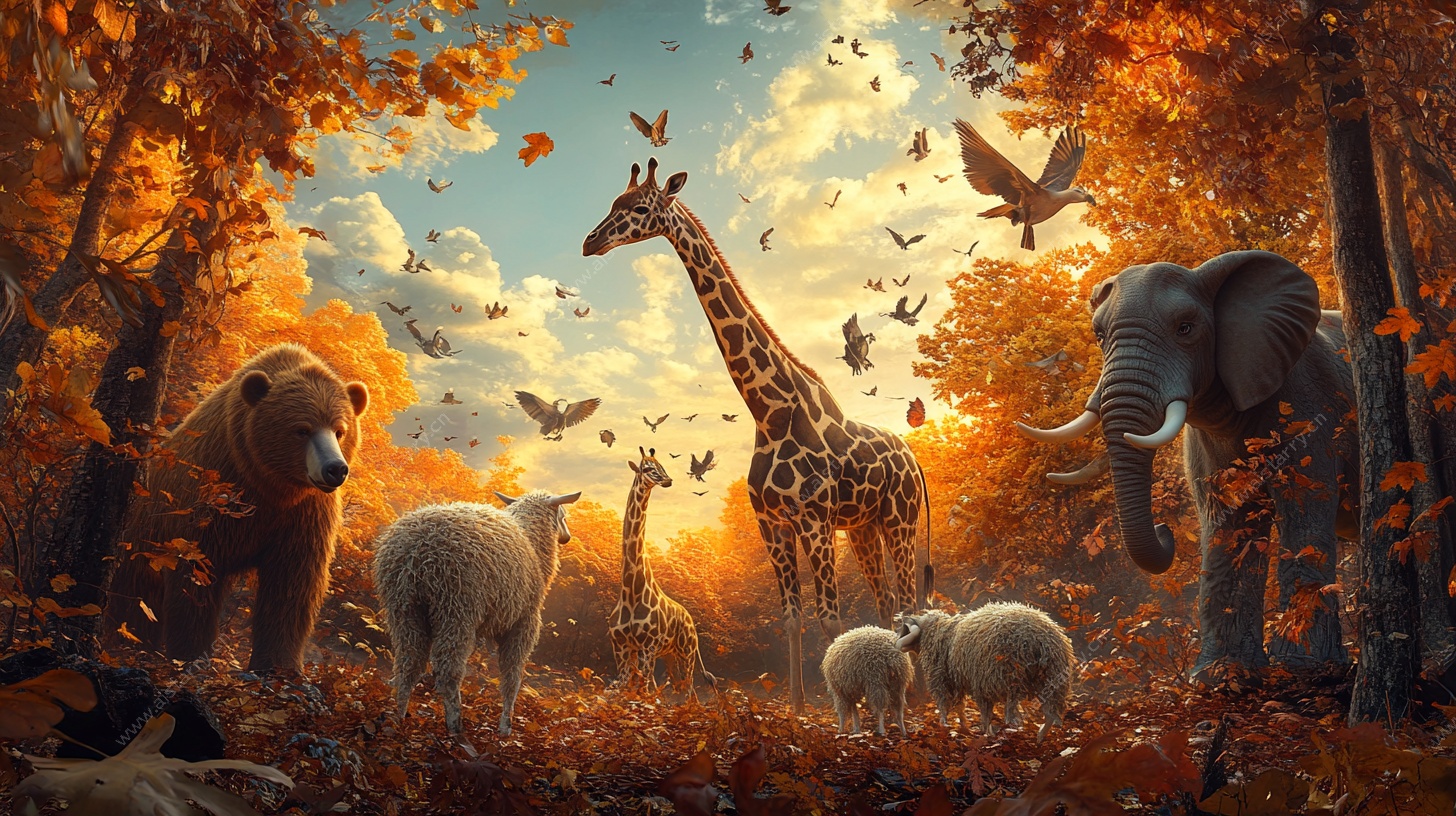 秋日森林动物欢聚图景