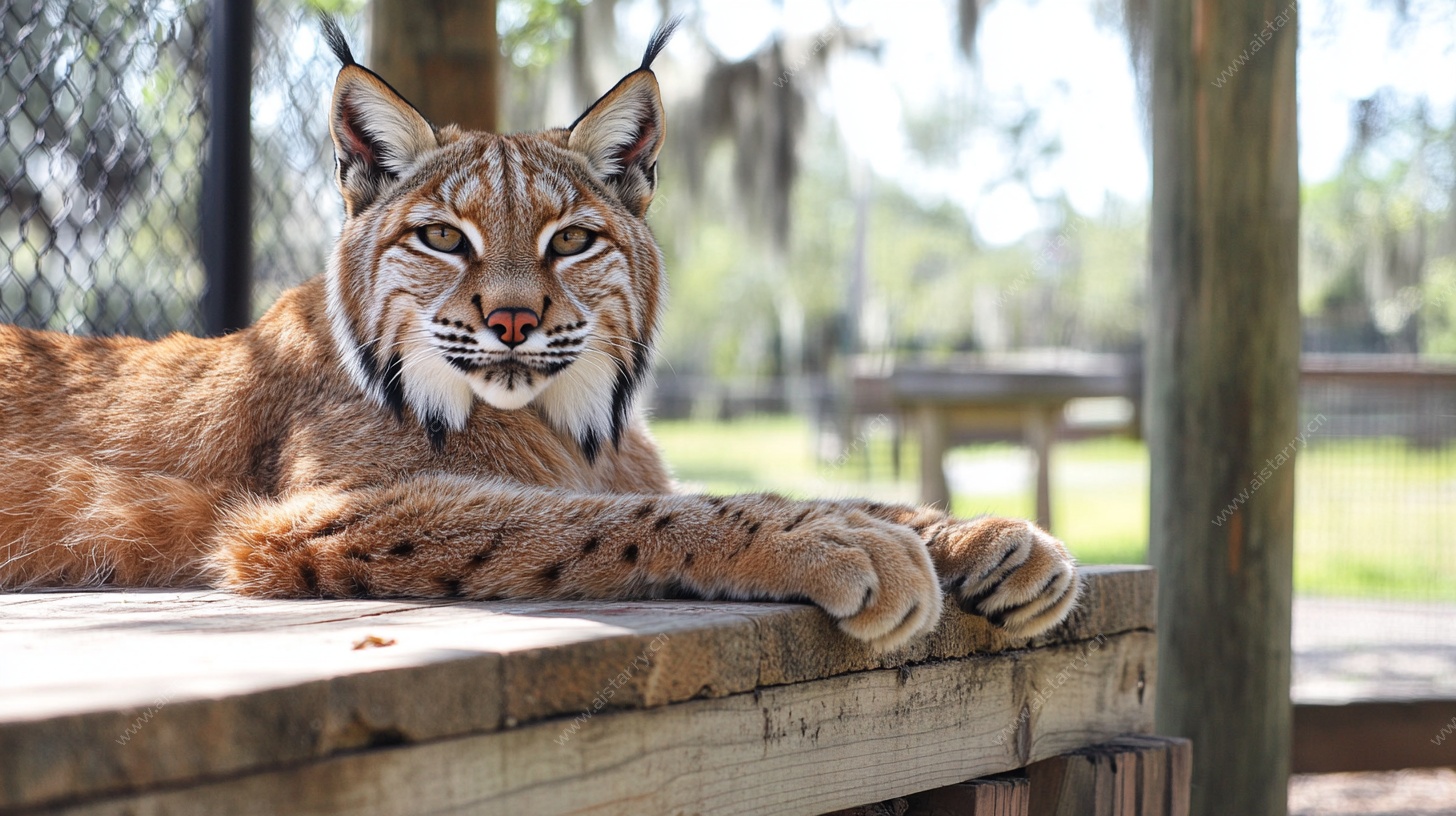 猞猁悠闲趴于木台