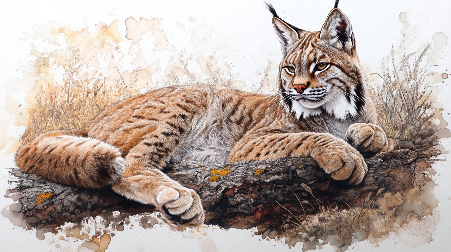 卧于草地的猞猁水彩画