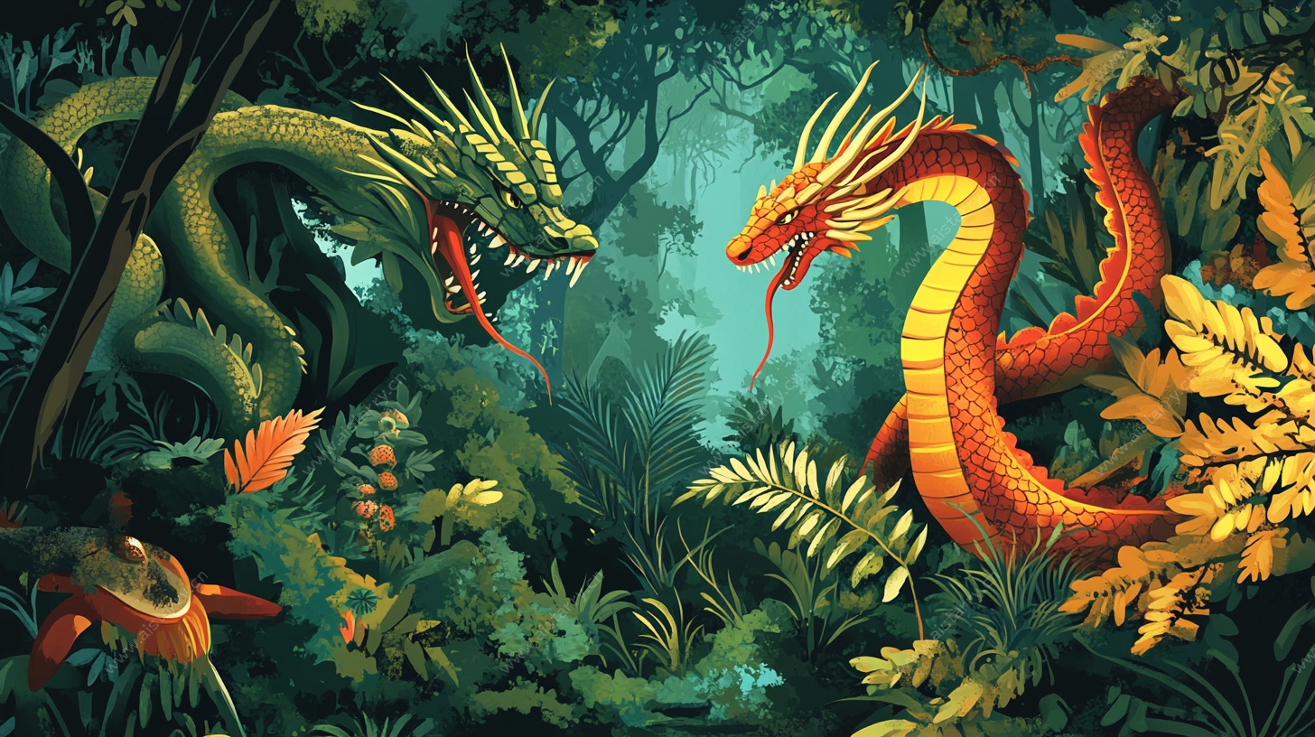双龙在丛林对峙插画