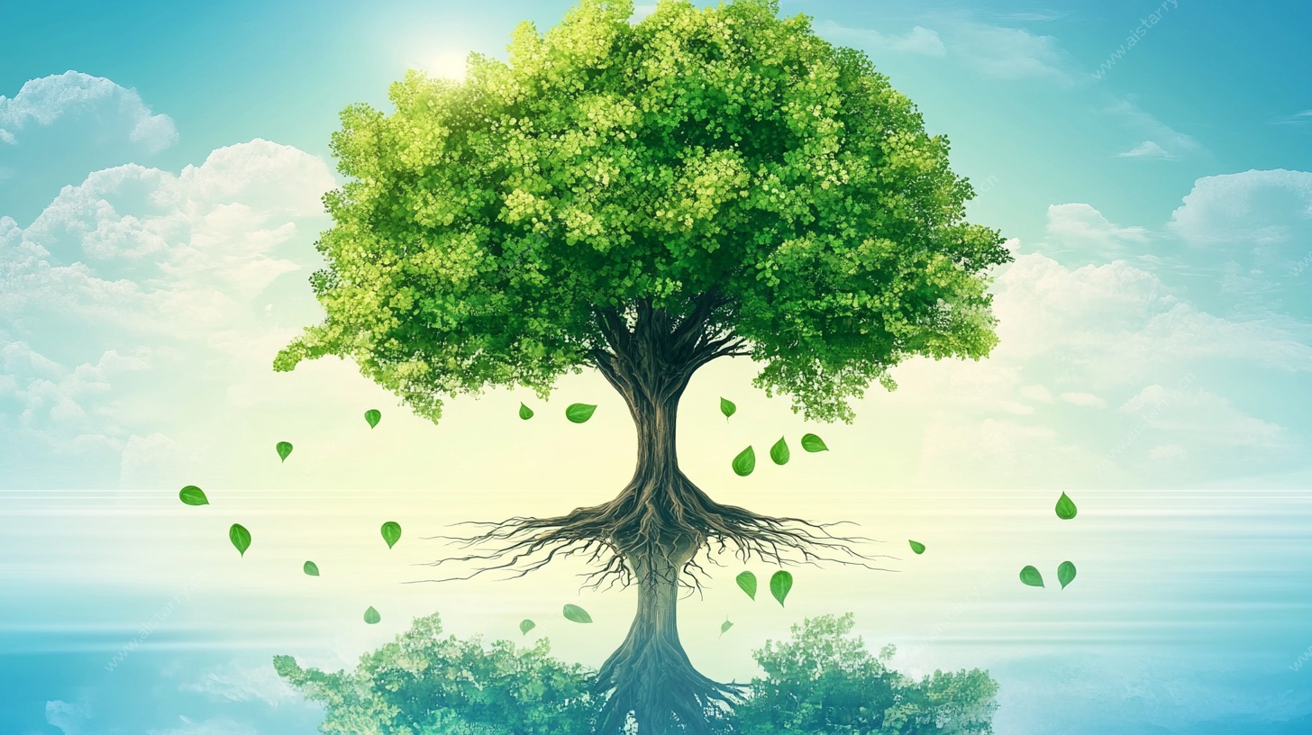 独树映湖景 绿意满生机