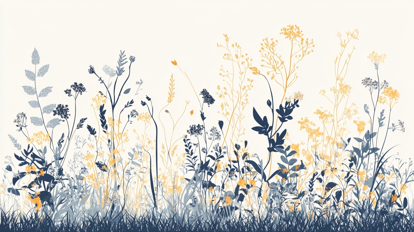 蓝黄花卉草地插画