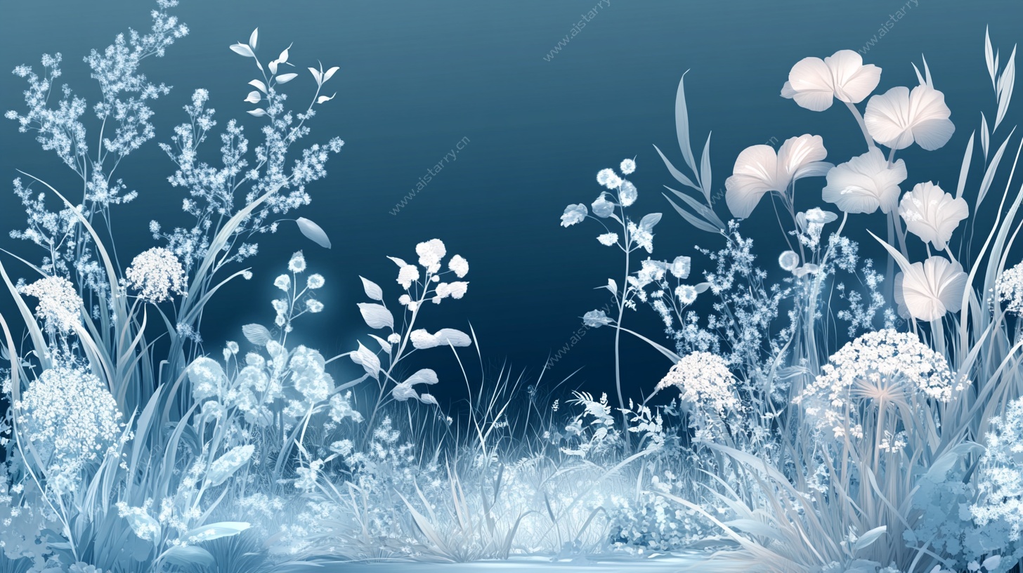 蓝调花卉梦幻插画场景