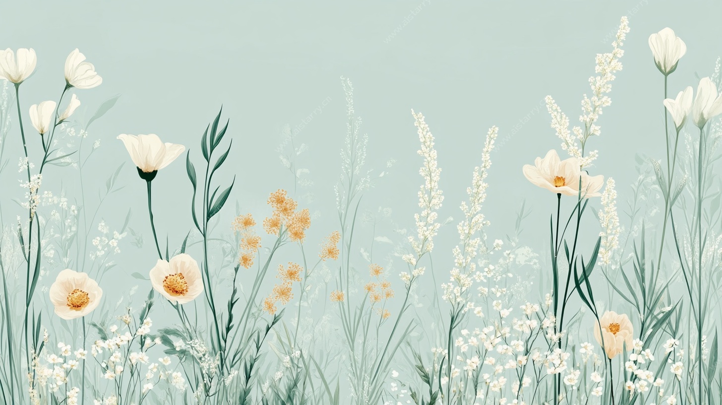 清新手绘花卉草地风景图