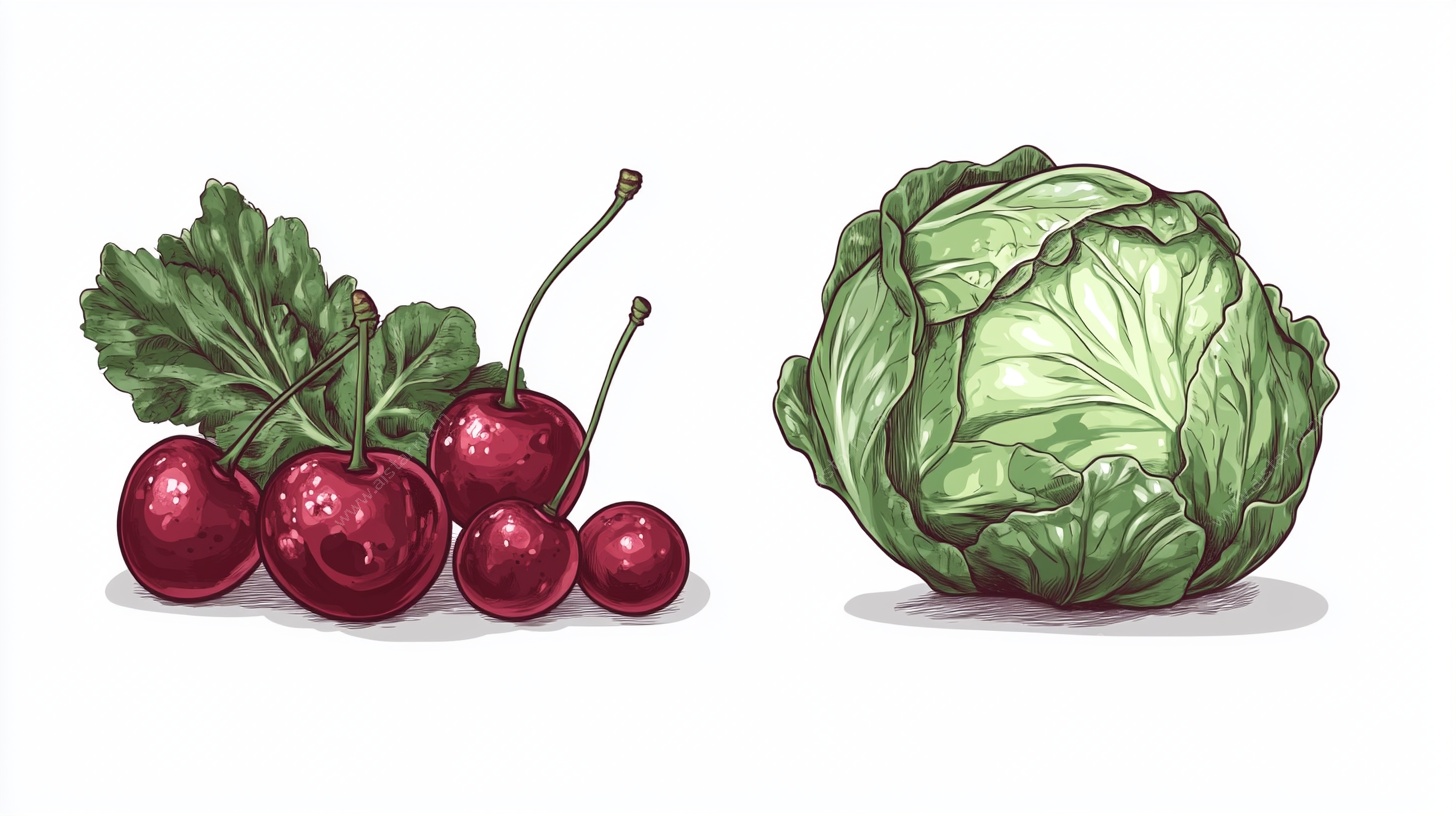 樱桃与卷心菜插画