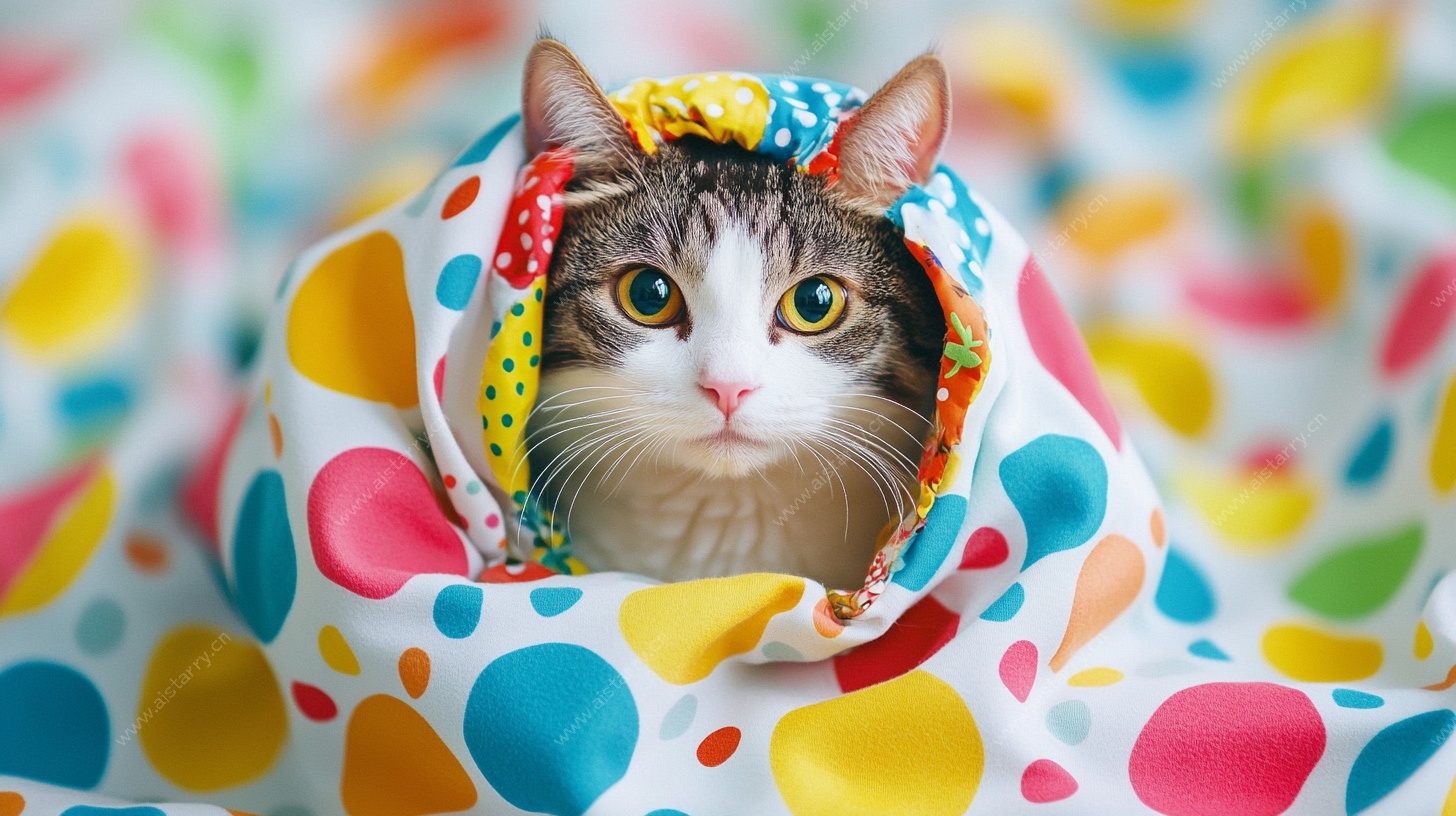波点毯中的可爱猫咪