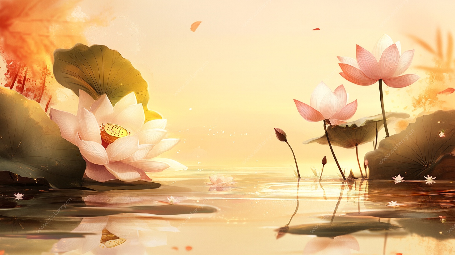 夕阳下的荷花水景