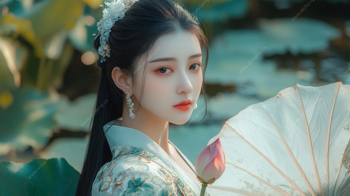 古风佳人持伞赏荷图