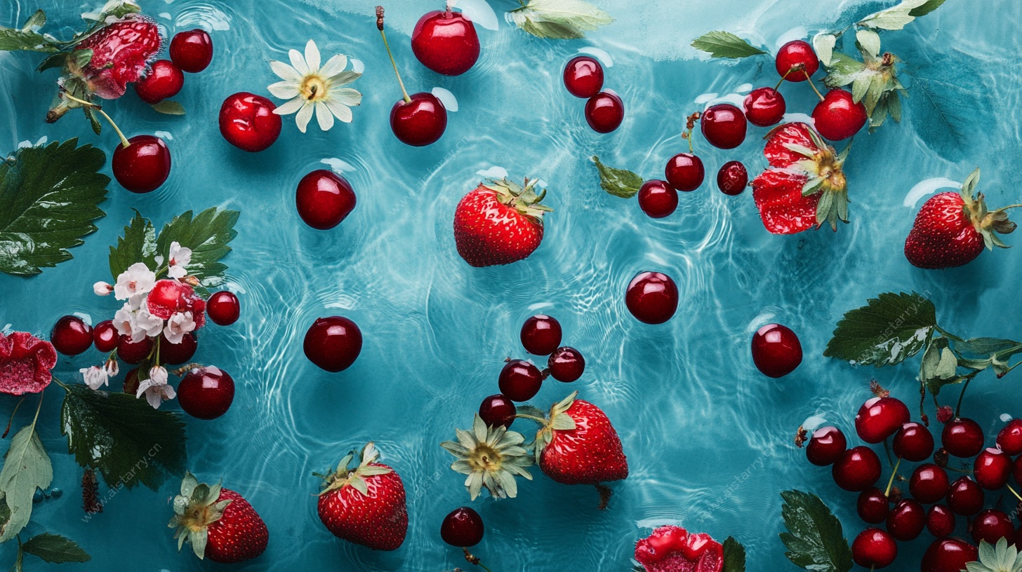 蓝底鲜果花卉静物图